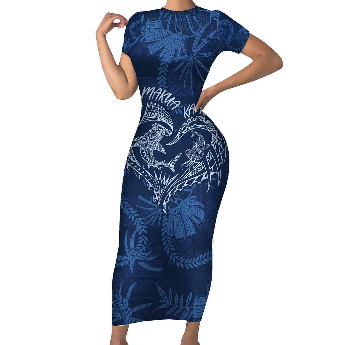 Hawaii Father's Day Vintage Lei Short Sleeve Bodycon Dress Hauoli la Makuakane - Blue LT7 Long Dress Blue - Polynesian Pride