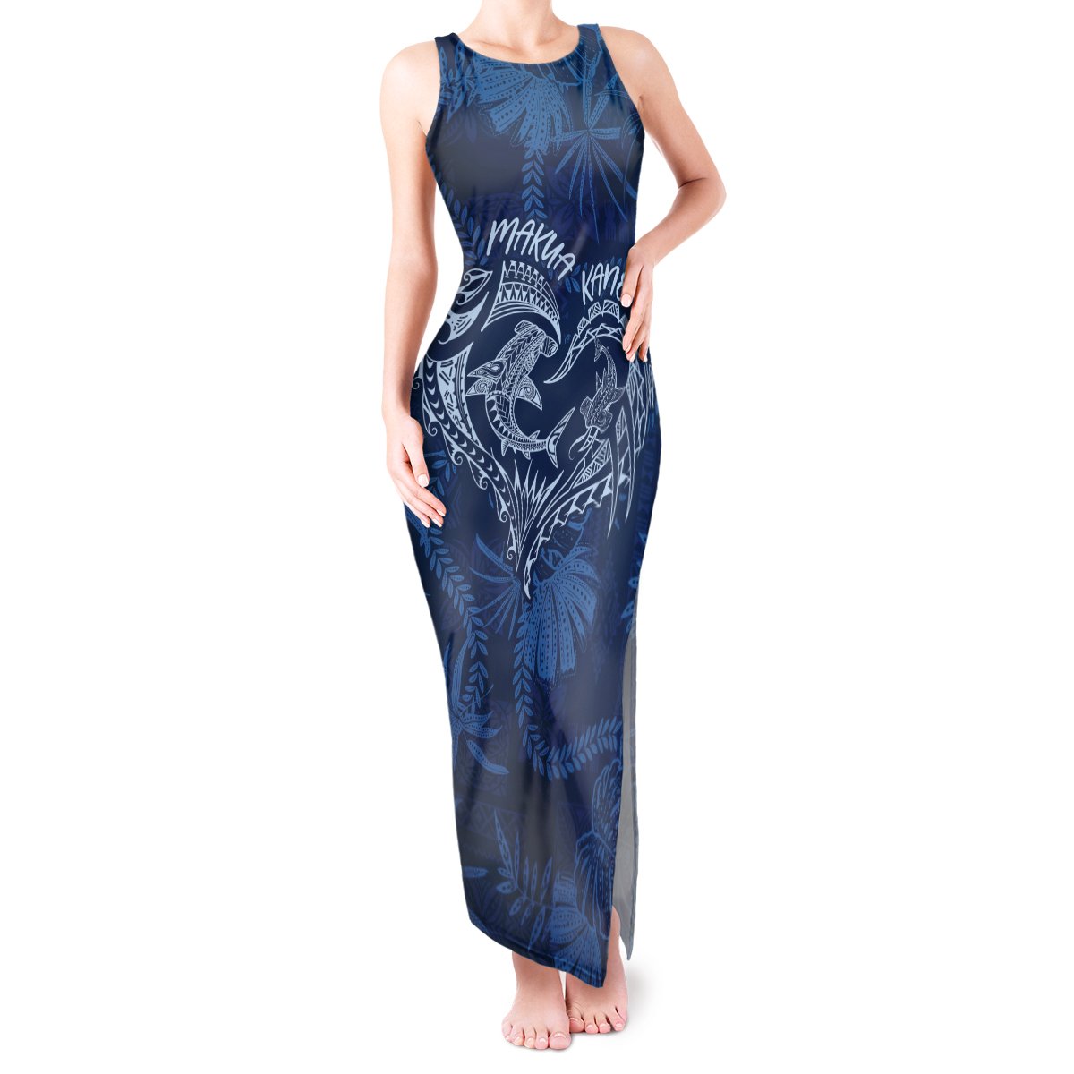 Hawaii Father's Day Vintage Lei Tank Maxi Dress Hauoli la Makuakane - Blue LT7 Women Blue - Polynesian Pride