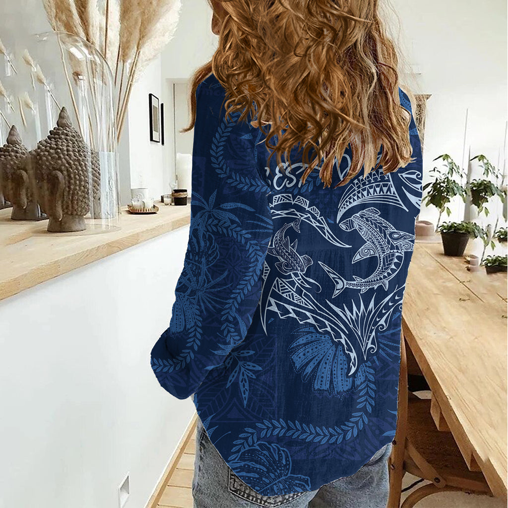 Hawaii Father's Day Vintage Lei Women Casual Shirt Hauoli la Makuakane - Blue LT7 - Polynesian Pride