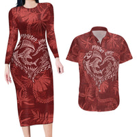 Hawaii Father's Day Vintage Lei Couples Matching Long Sleeve Bodycon Dress and Hawaiian Shirt Hauoli la Makuakane - Red LT7 Red - Polynesian Pride