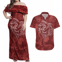 Hawaii Father's Day Vintage Lei Couples Matching Off Shoulder Maxi Dress and Hawaiian Shirt Hauoli la Makuakane - Red LT7 Red - Polynesian Pride