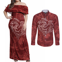 Hawaii Father's Day Vintage Lei Couples Matching Off Shoulder Maxi Dress and Long Sleeve Button Shirt Hauoli la Makuakane - Red LT7 Red - Polynesian Pride