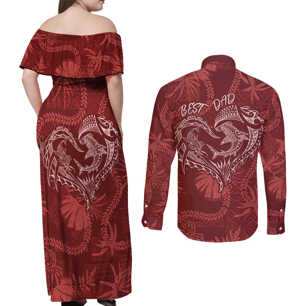 Hawaii Father's Day Vintage Lei Couples Matching Off Shoulder Maxi Dress and Long Sleeve Button Shirt Hauoli la Makuakane - Red LT7 - Polynesian Pride