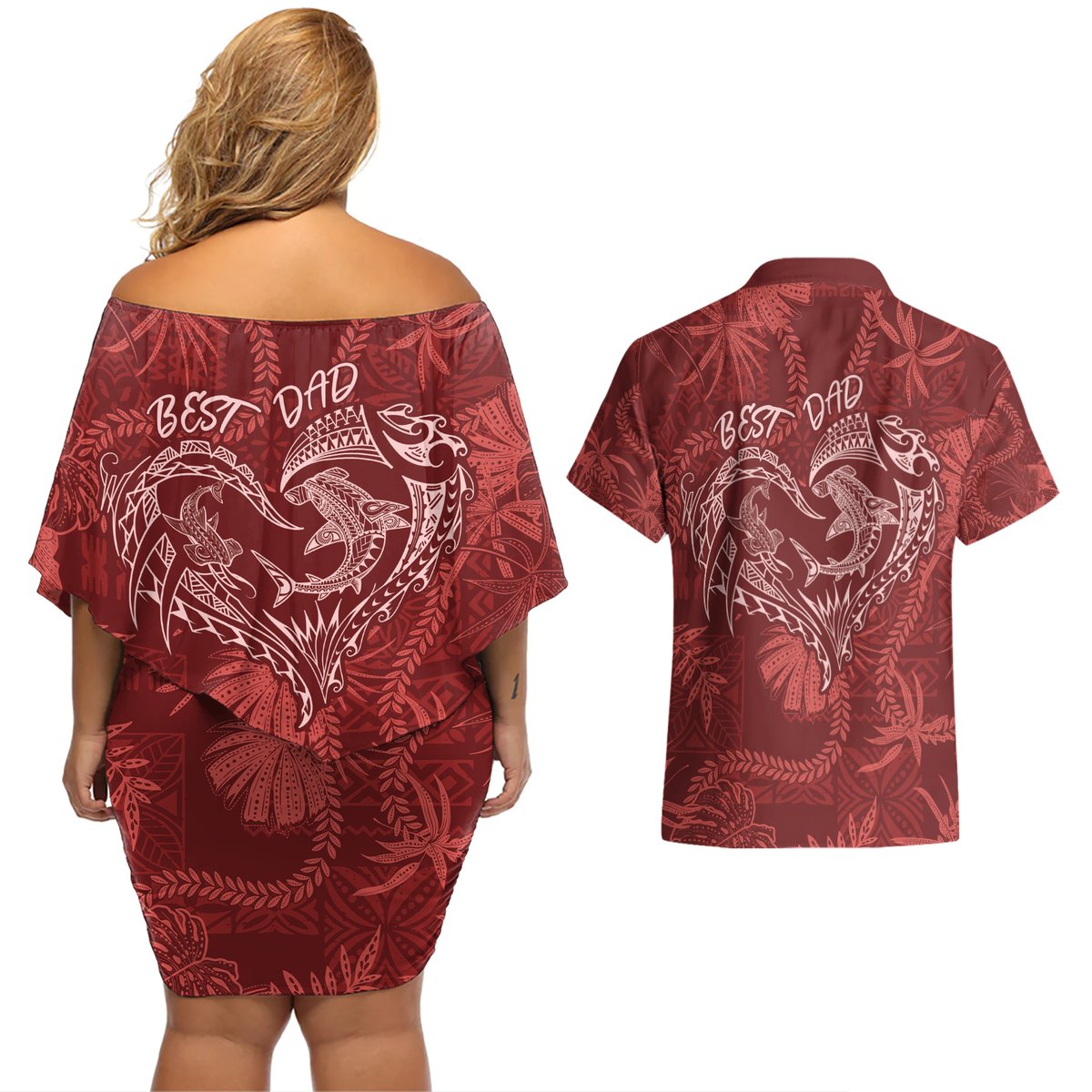 Hawaii Father's Day Vintage Lei Couples Matching Off Shoulder Short Dress and Hawaiian Shirt Hauoli la Makuakane - Red LT7 - Polynesian Pride