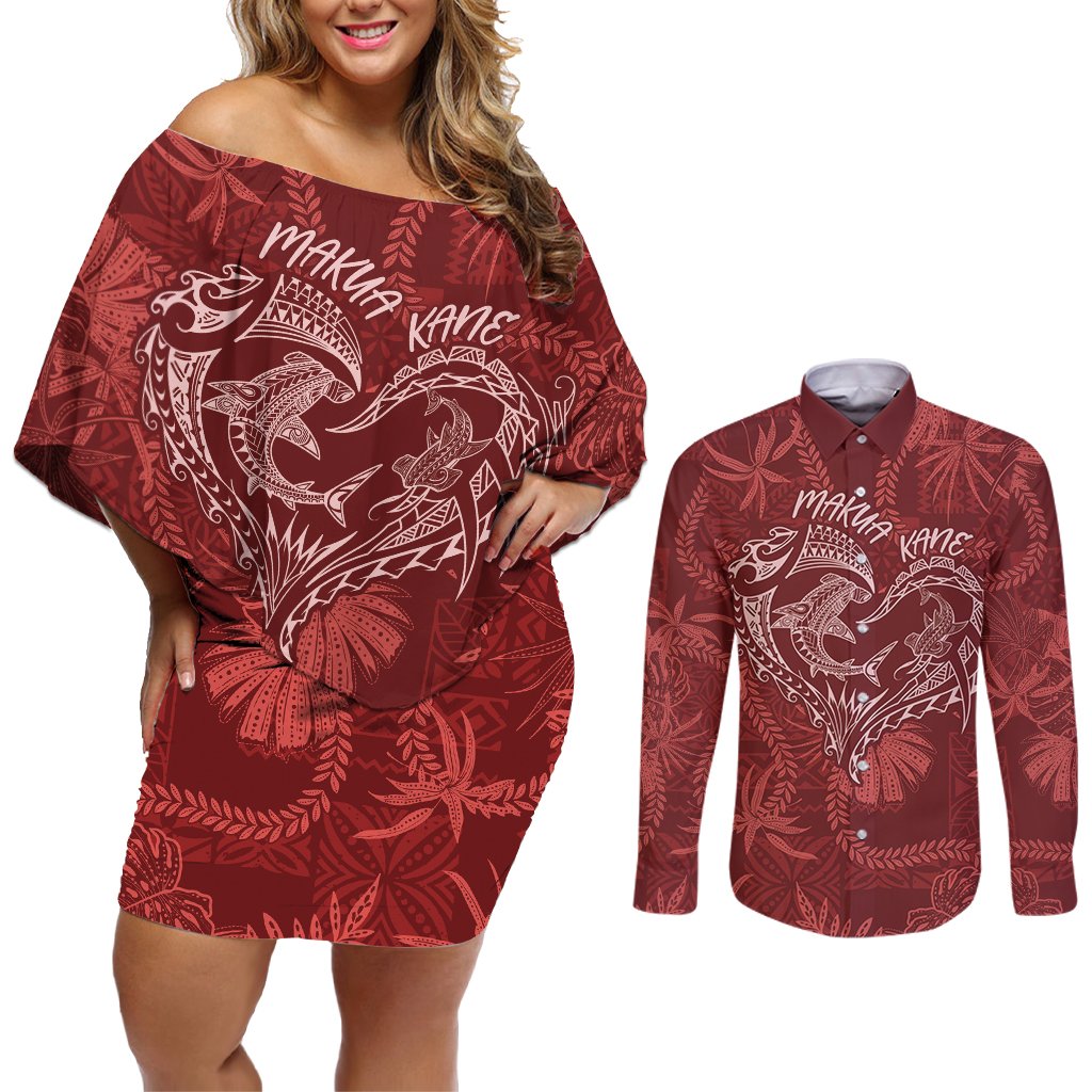 Hawaii Father's Day Vintage Lei Couples Matching Off Shoulder Short Dress and Long Sleeve Button Shirt Hauoli la Makuakane - Red LT7 Red - Polynesian Pride