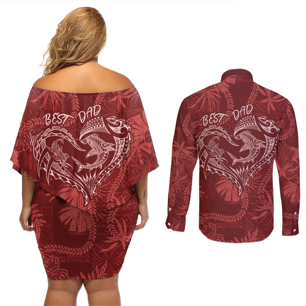 Hawaii Father's Day Vintage Lei Couples Matching Off Shoulder Short Dress and Long Sleeve Button Shirt Hauoli la Makuakane - Red LT7 - Polynesian Pride