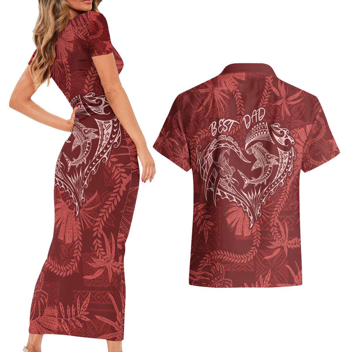 Hawaii Father's Day Vintage Lei Couples Matching Short Sleeve Bodycon Dress and Hawaiian Shirt Hauoli la Makuakane - Red LT7 - Polynesian Pride