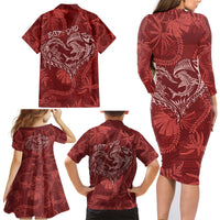Hawaii Father's Day Vintage Lei Family Matching Long Sleeve Bodycon Dress and Hawaiian Shirt Hauoli la Makuakane - Red LT7 - Polynesian Pride