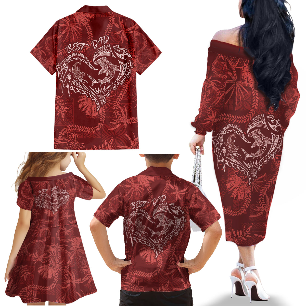 Hawaii Father's Day Vintage Lei Family Matching Off The Shoulder Long Sleeve Dress and Hawaiian Shirt Hauoli la Makuakane - Red LT7 - Polynesian Pride