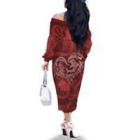 Hawaii Father's Day Vintage Lei Family Matching Off The Shoulder Long Sleeve Dress and Hawaiian Shirt Hauoli la Makuakane - Red LT7 - Polynesian Pride