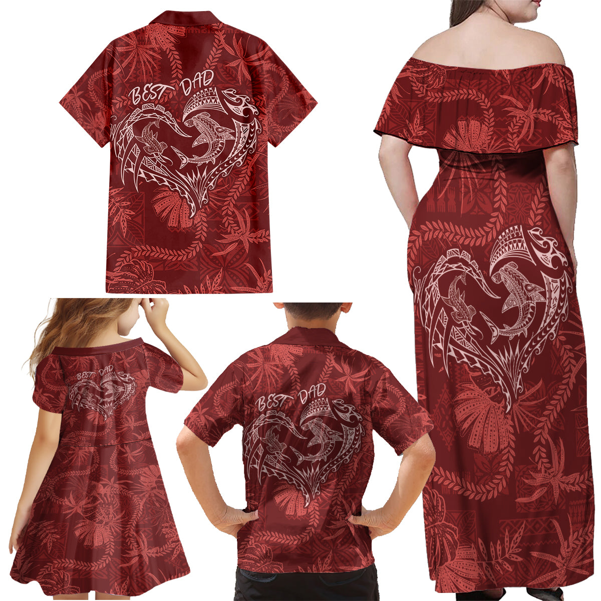 Hawaii Father's Day Vintage Lei Family Matching Off Shoulder Maxi Dress and Hawaiian Shirt Hauoli la Makuakane - Red LT7 - Polynesian Pride