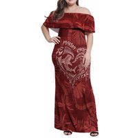 Hawaii Father's Day Vintage Lei Family Matching Off Shoulder Maxi Dress and Hawaiian Shirt Hauoli la Makuakane - Red LT7 Mom's Dress Red - Polynesian Pride