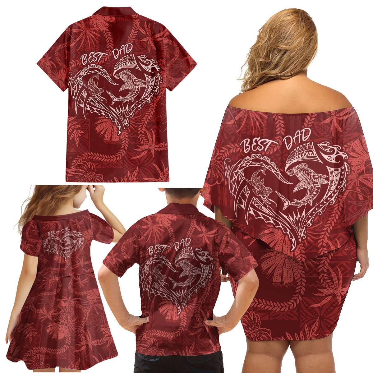 Hawaii Father's Day Vintage Lei Family Matching Off Shoulder Short Dress and Hawaiian Shirt Hauoli la Makuakane - Red LT7 - Polynesian Pride