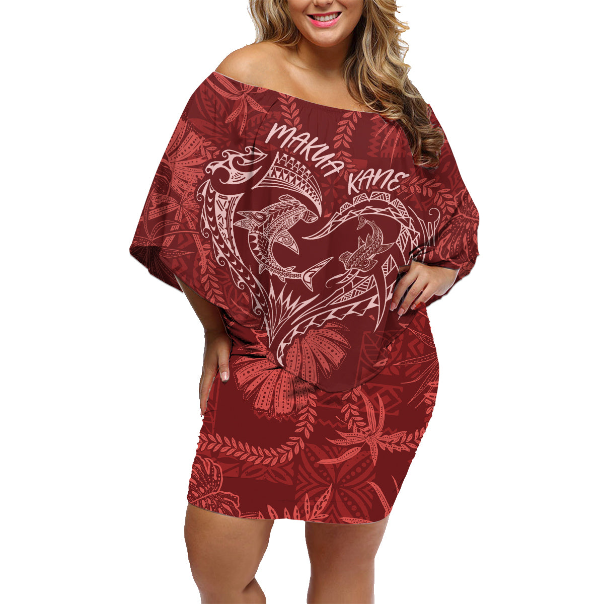 Hawaii Father's Day Vintage Lei Family Matching Off Shoulder Short Dress and Hawaiian Shirt Hauoli la Makuakane - Red LT7 Mom's Dress Red - Polynesian Pride