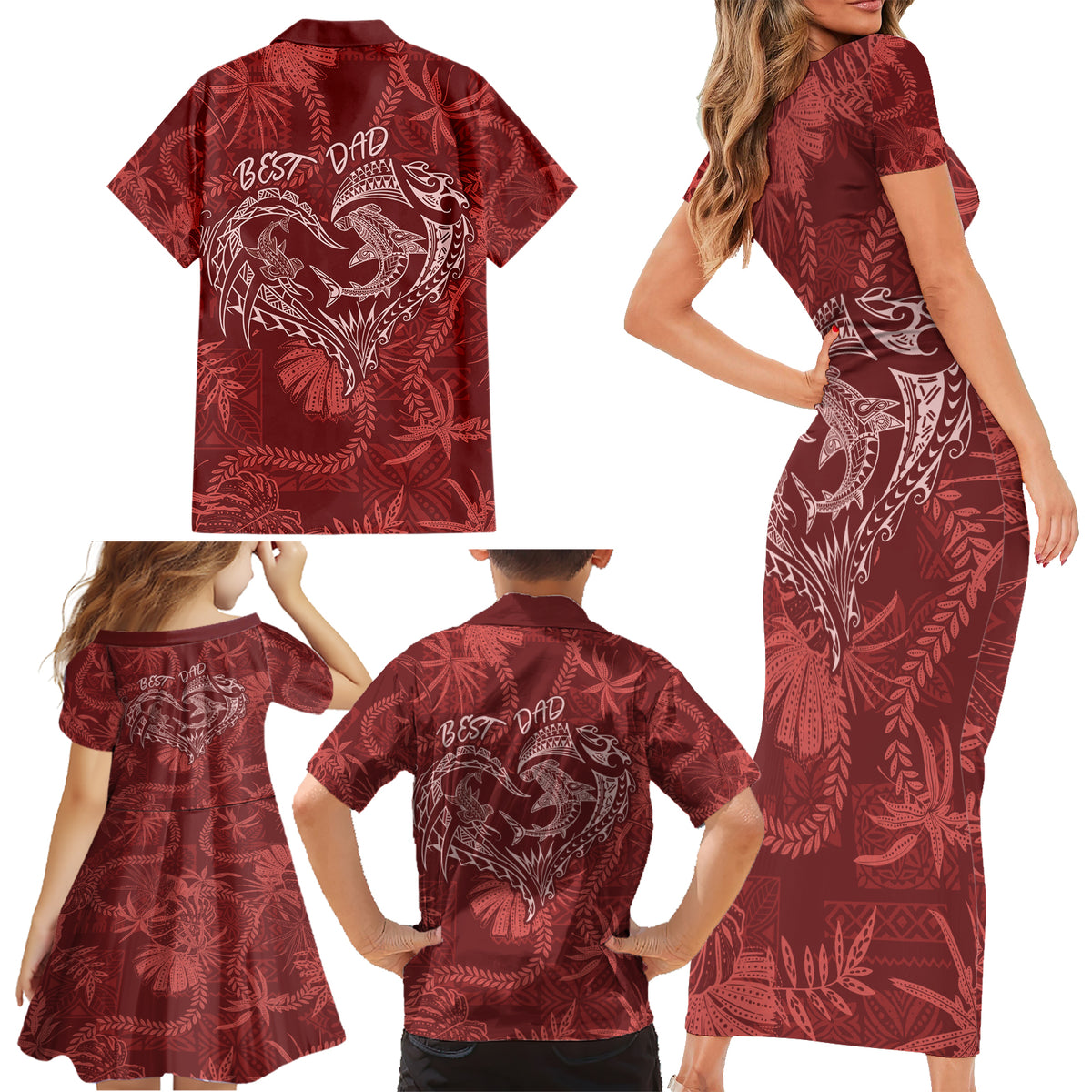 Hawaii Father's Day Vintage Lei Family Matching Short Sleeve Bodycon Dress and Hawaiian Shirt Hauoli la Makuakane - Red LT7 - Polynesian Pride