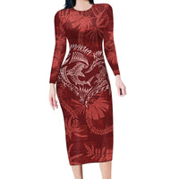 Hawaii Father's Day Vintage Lei Long Sleeve Bodycon Dress Hauoli la Makuakane - Red LT7 Long Dress Red - Polynesian Pride