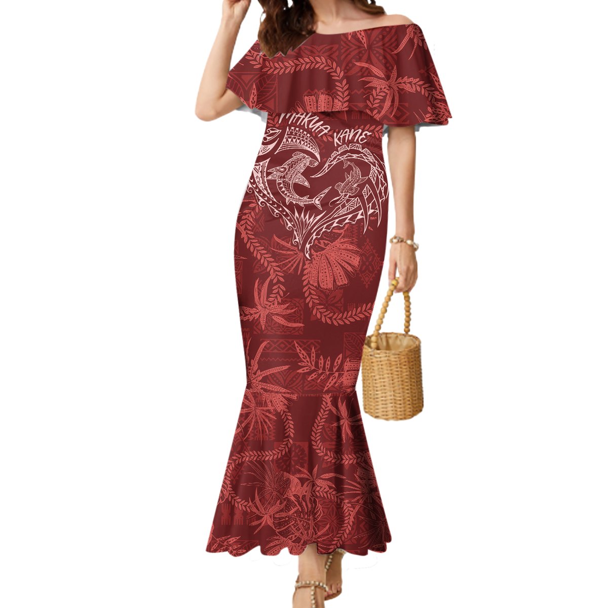 Hawaii Father's Day Vintage Lei Mermaid Dress Hauoli la Makuakane - Red LT7 Women Red - Polynesian Pride