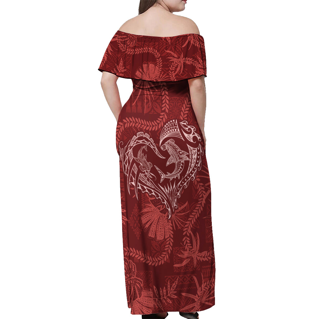 Hawaii Father's Day Vintage Lei Off Shoulder Maxi Dress Hauoli la Makuakane - Red LT7 - Polynesian Pride
