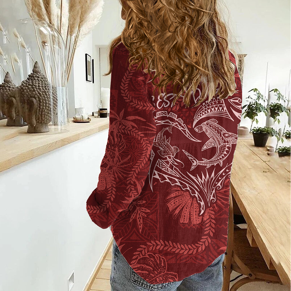Hawaii Father's Day Vintage Lei Women Casual Shirt Hauoli la Makuakane - Red LT7 - Polynesian Pride