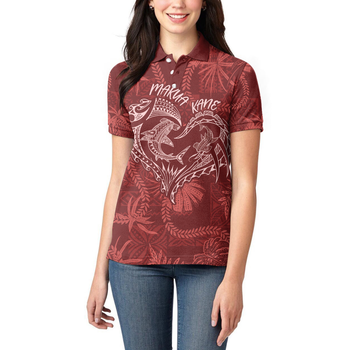 Hawaii Father's Day Vintage Lei Women Polo Shirt Hauoli la Makuakane - Red LT7 - Polynesian Pride