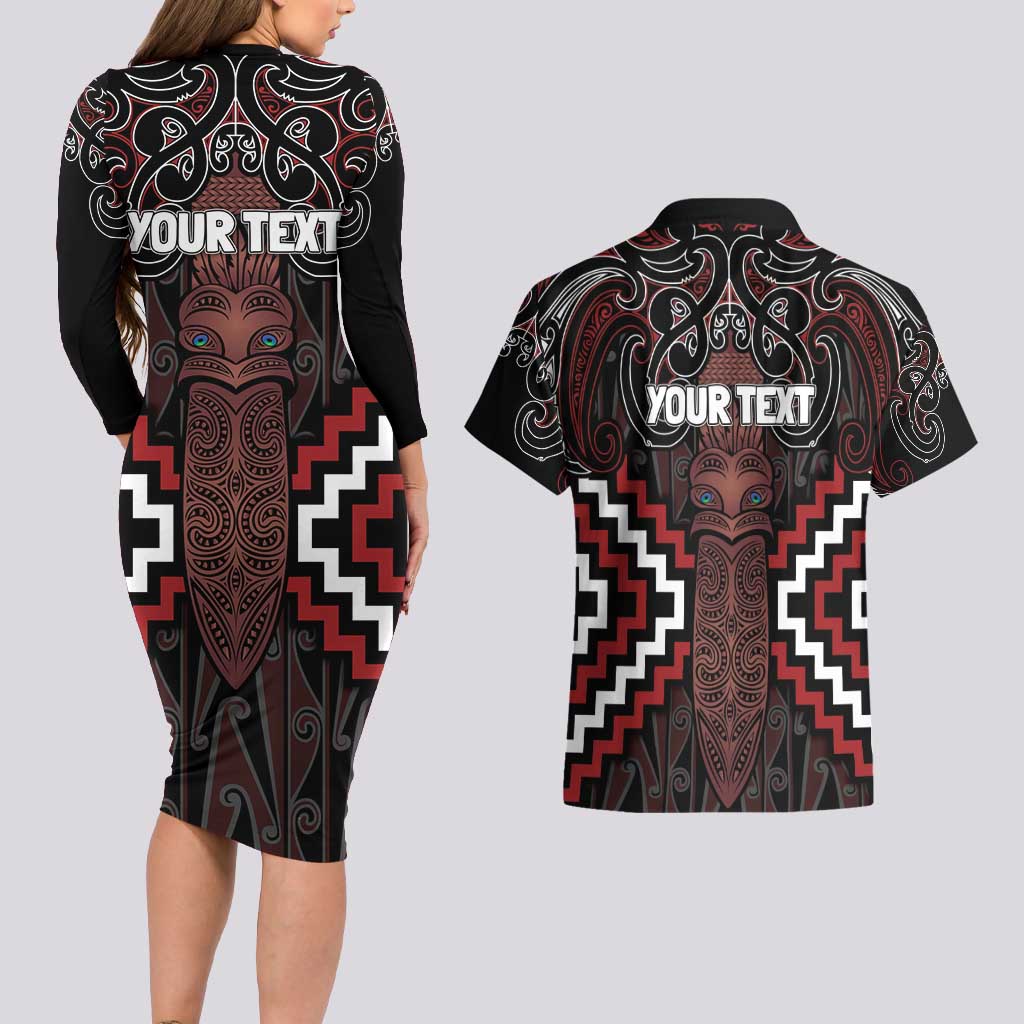 Maori Taiaha Whakairo Personalized Couples Matching Long Sleeve Bodycon Dress and Hawaiian Shirt Red Poutama Motifs LT7 - Polynesian Pride