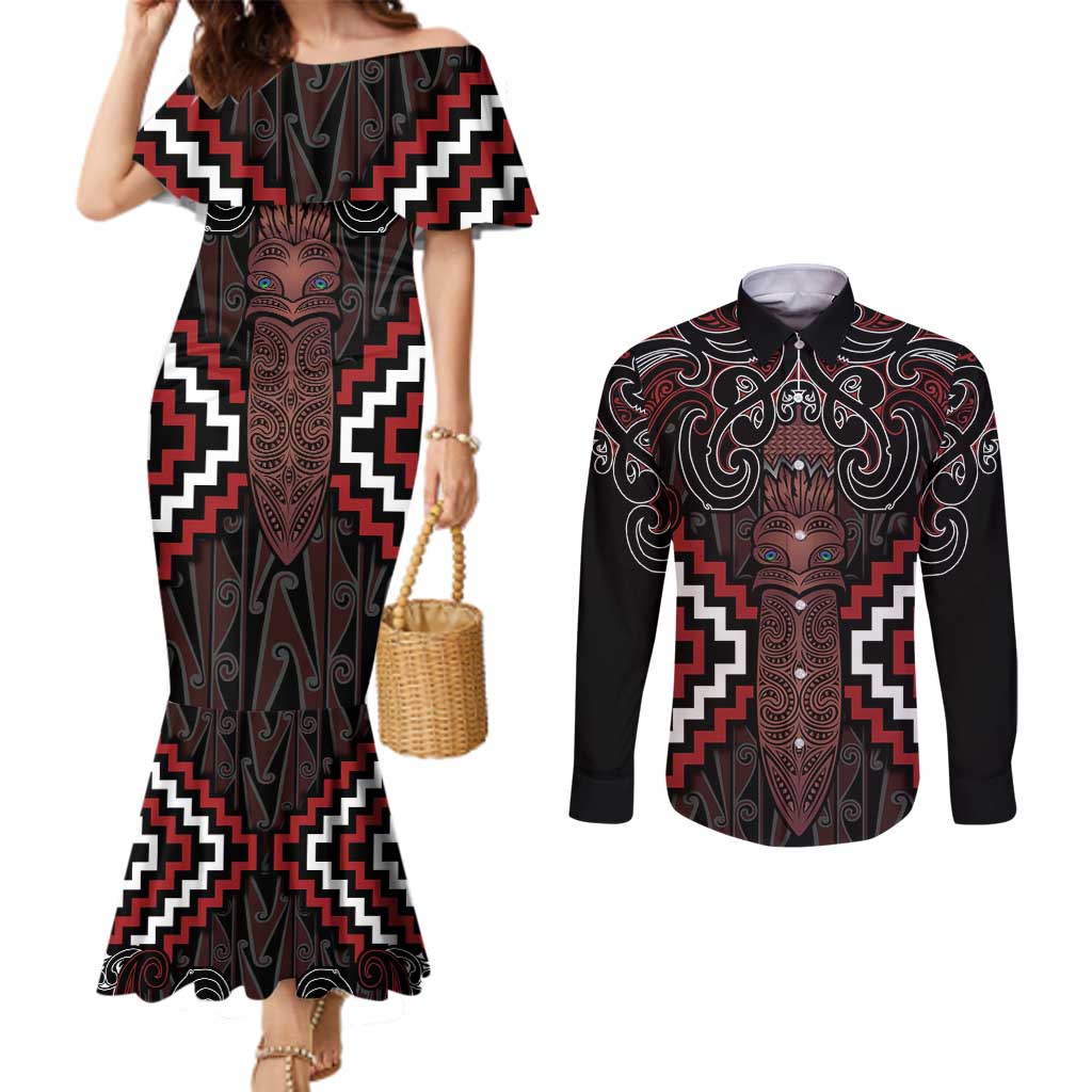 Maori Taiaha Whakairo Personalized Couples Matching Mermaid Dress and Long Sleeve Button Shirt Red Poutama Motifs LT7 Red - Polynesian Pride