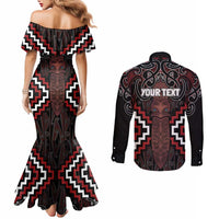 Maori Taiaha Whakairo Personalized Couples Matching Mermaid Dress and Long Sleeve Button Shirt Red Poutama Motifs LT7 - Polynesian Pride