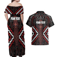 Maori Taiaha Whakairo Personalized Couples Matching Off Shoulder Maxi Dress and Hawaiian Shirt Red Poutama Motifs LT7 - Polynesian Pride