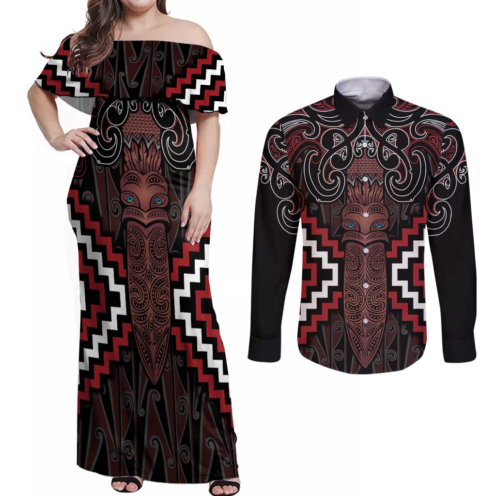 Maori Taiaha Whakairo Personalized Couples Matching Off Shoulder Maxi Dress and Long Sleeve Button Shirt Red Poutama Motifs LT7 Red - Polynesian Pride