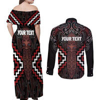 Maori Taiaha Whakairo Personalized Couples Matching Off Shoulder Maxi Dress and Long Sleeve Button Shirt Red Poutama Motifs LT7 - Polynesian Pride