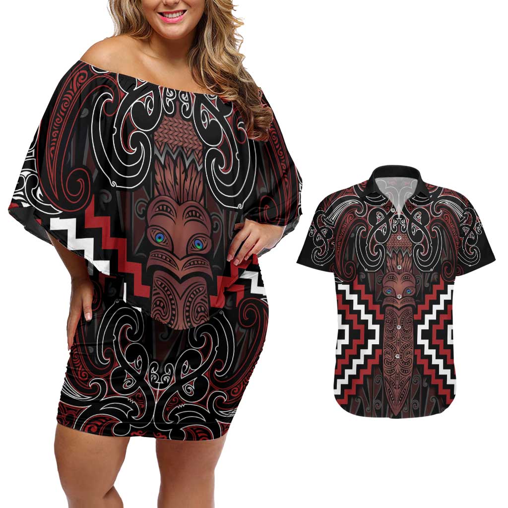 Maori Taiaha Whakairo Personalized Couples Matching Off Shoulder Short Dress and Hawaiian Shirt Red Poutama Motifs LT7 Red - Polynesian Pride