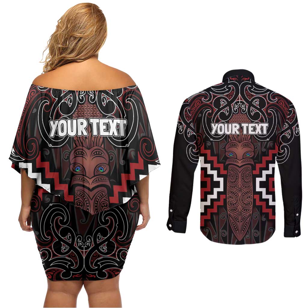 Maori Taiaha Whakairo Personalized Couples Matching Off Shoulder Short Dress and Long Sleeve Button Shirt Red Poutama Motifs LT7 - Polynesian Pride