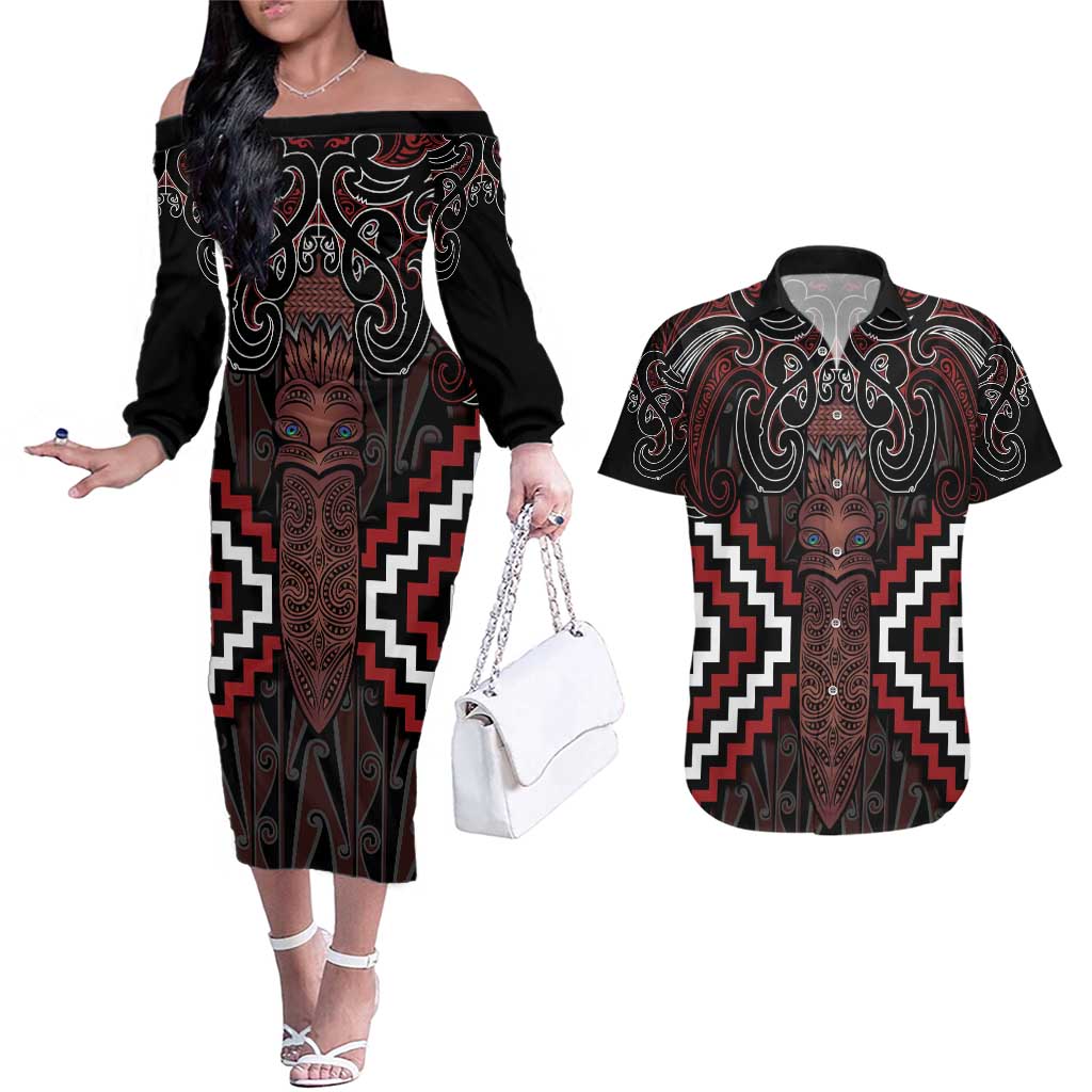 Maori Taiaha Whakairo Personalized Couples Matching Off The Shoulder Long Sleeve Dress and Hawaiian Shirt Red Poutama Motifs LT7 Red - Polynesian Pride