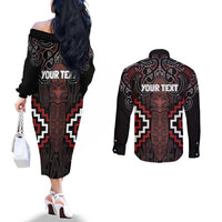 Maori Taiaha Whakairo Personalized Couples Matching Off The Shoulder Long Sleeve Dress and Long Sleeve Button Shirt Red Poutama Motifs LT7 - Polynesian Pride