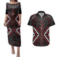Maori Taiaha Whakairo Personalized Couples Matching Puletasi and Hawaiian Shirt Red Poutama Motifs LT7 Red - Polynesian Pride