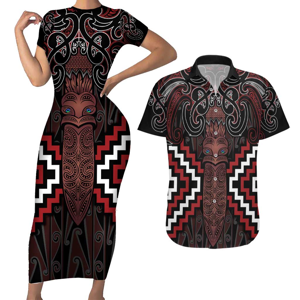 Maori Taiaha Whakairo Personalized Couples Matching Short Sleeve Bodycon Dress and Hawaiian Shirt Red Poutama Motifs LT7 Red - Polynesian Pride