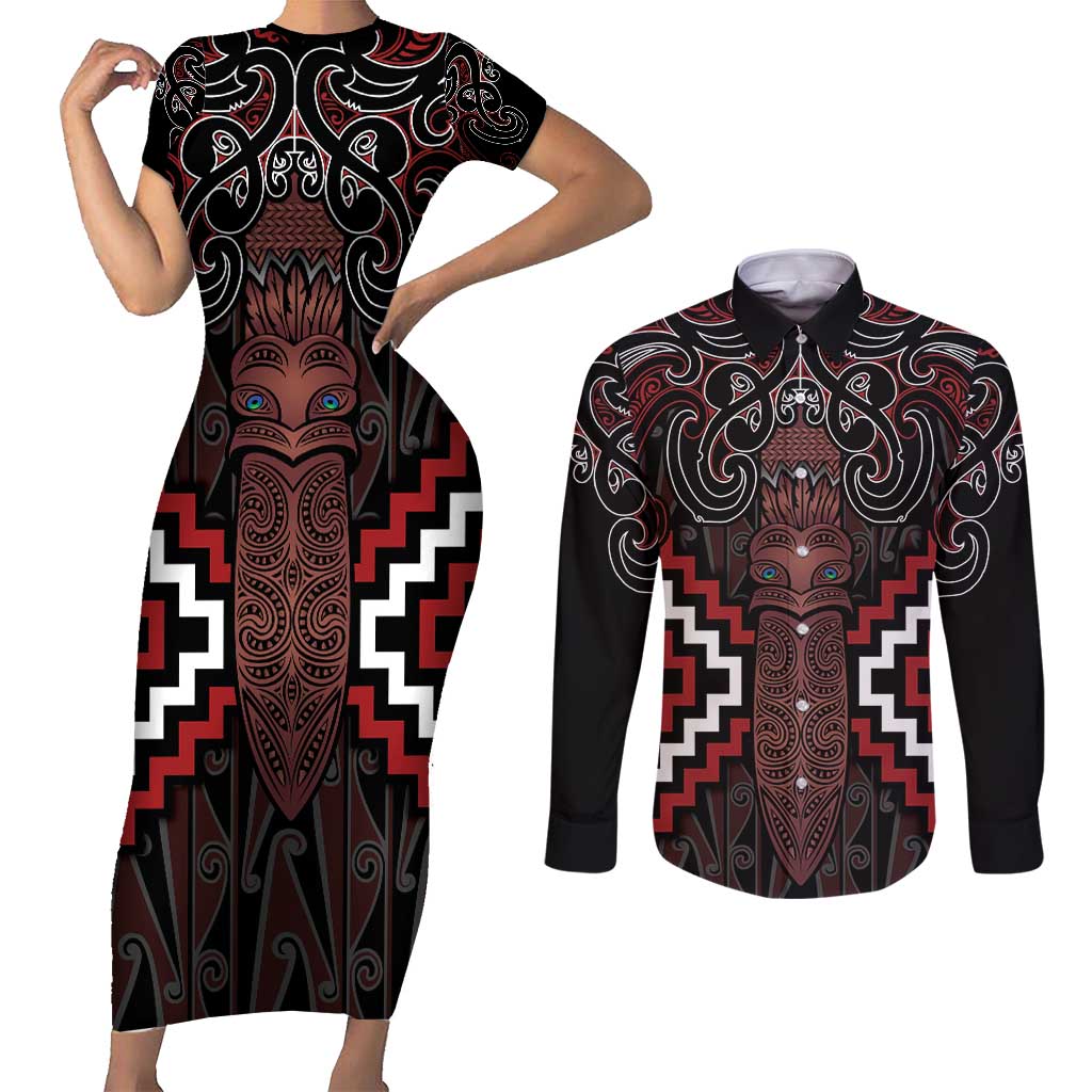 Maori Taiaha Whakairo Personalized Couples Matching Short Sleeve Bodycon Dress and Long Sleeve Button Shirt Red Poutama Motifs LT7 Red - Polynesian Pride