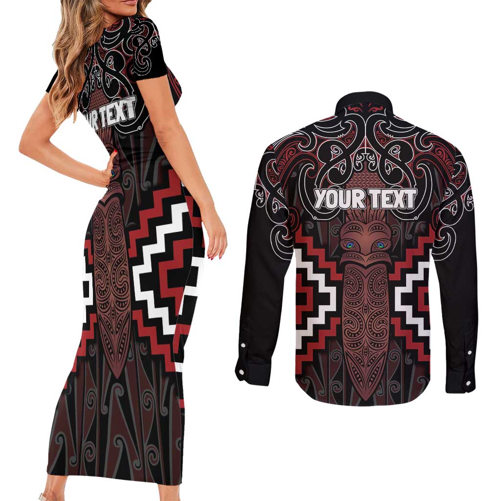 Maori Taiaha Whakairo Personalized Couples Matching Short Sleeve Bodycon Dress and Long Sleeve Button Shirt Red Poutama Motifs LT7 - Polynesian Pride