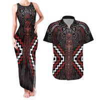 Maori Taiaha Whakairo Personalized Couples Matching Tank Maxi Dress and Hawaiian Shirt Red Poutama Motifs LT7 Red - Polynesian Pride