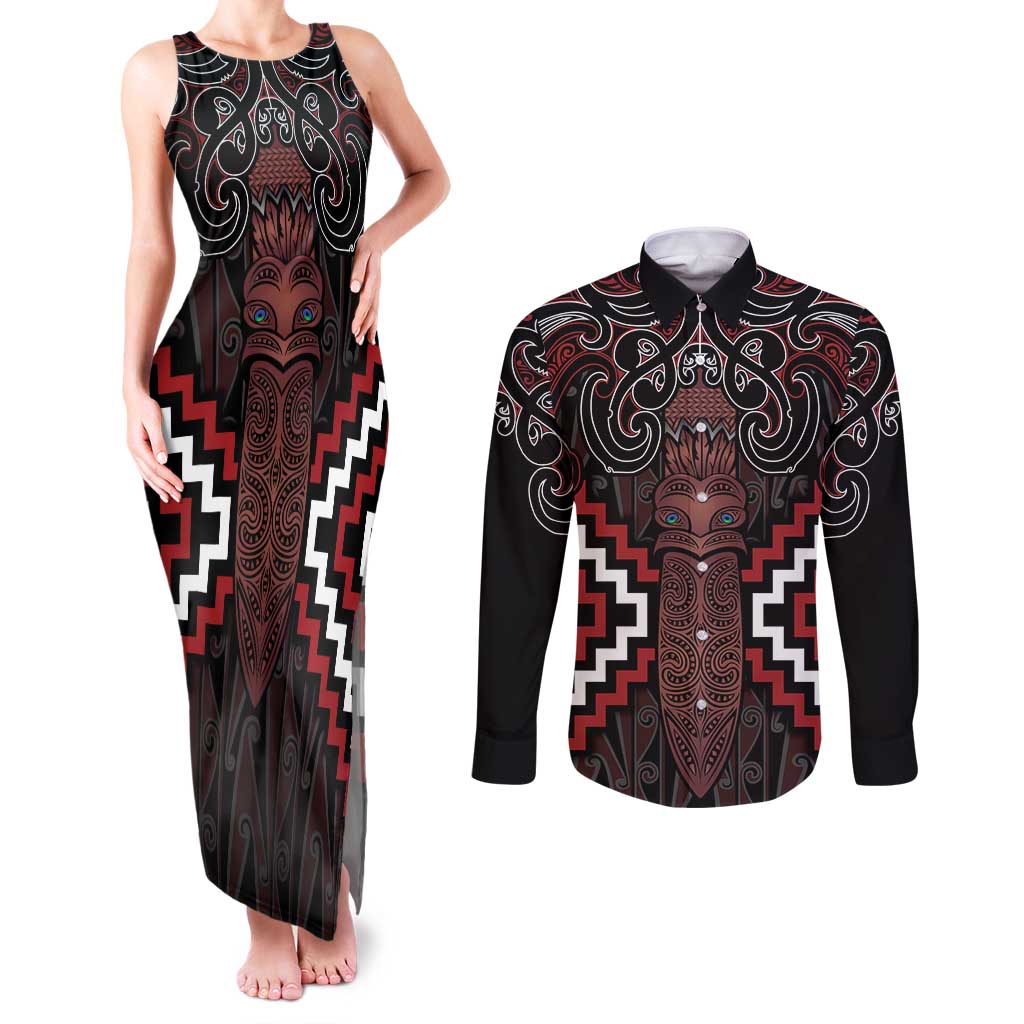 Maori Taiaha Whakairo Personalized Couples Matching Tank Maxi Dress and Long Sleeve Button Shirt Red Poutama Motifs LT7 Red - Polynesian Pride