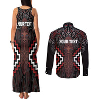 Maori Taiaha Whakairo Personalized Couples Matching Tank Maxi Dress and Long Sleeve Button Shirt Red Poutama Motifs LT7 - Polynesian Pride