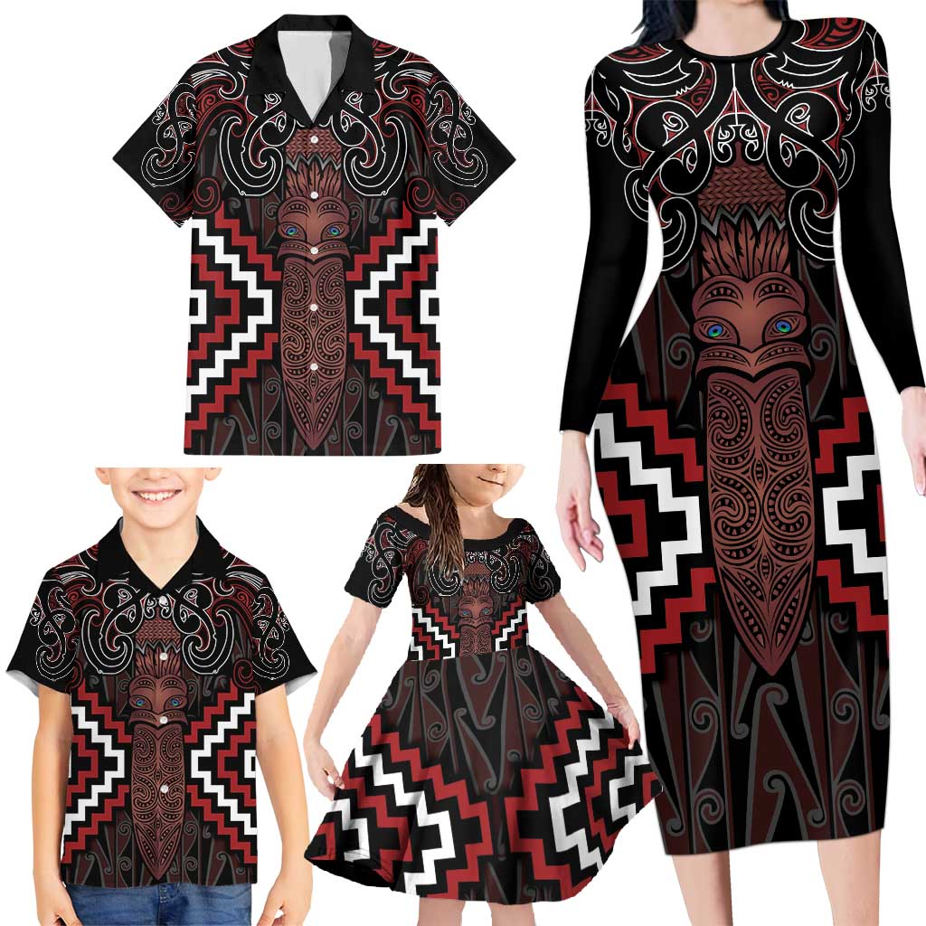 Maori Taiaha Whakairo Personalized Family Matching Long Sleeve Bodycon Dress and Hawaiian Shirt Red Poutama Motifs LT7 - Polynesian Pride
