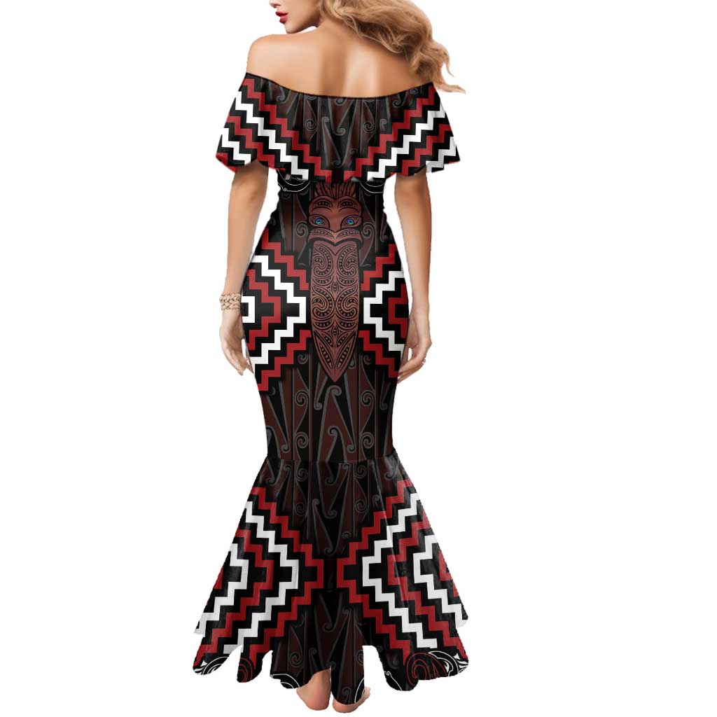Maori Taiaha Whakairo Personalized Family Matching Mermaid Dress and Hawaiian Shirt Red Poutama Motifs LT7 - Polynesian Pride