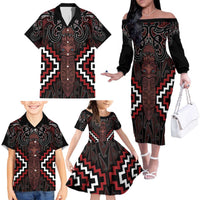 Maori Taiaha Whakairo Personalized Family Matching Off The Shoulder Long Sleeve Dress and Hawaiian Shirt Red Poutama Motifs LT7 - Polynesian Pride