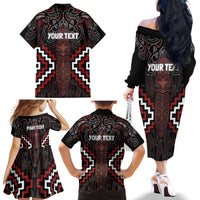 Maori Taiaha Whakairo Personalized Family Matching Off The Shoulder Long Sleeve Dress and Hawaiian Shirt Red Poutama Motifs LT7 - Polynesian Pride