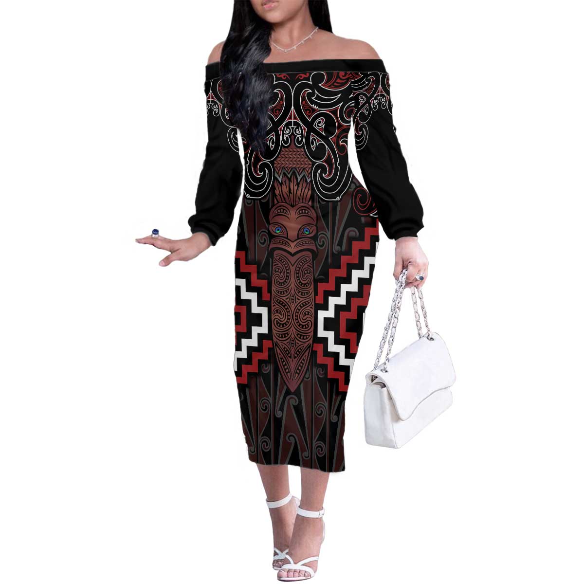 Maori Taiaha Whakairo Personalized Family Matching Off The Shoulder Long Sleeve Dress and Hawaiian Shirt Red Poutama Motifs LT7 Mom's Dress Red - Polynesian Pride