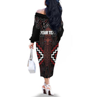 Maori Taiaha Whakairo Personalized Family Matching Off The Shoulder Long Sleeve Dress and Hawaiian Shirt Red Poutama Motifs LT7 - Polynesian Pride