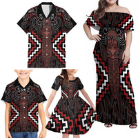 Maori Taiaha Whakairo Personalized Family Matching Off Shoulder Maxi Dress and Hawaiian Shirt Red Poutama Motifs LT7 - Polynesian Pride