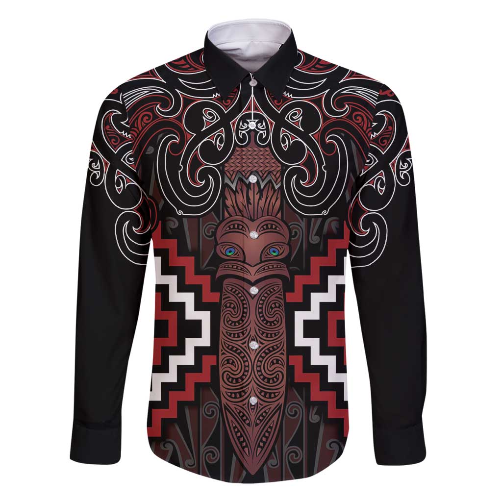 Maori Taiaha Whakairo Personalized Family Matching Off Shoulder Maxi Dress and Hawaiian Shirt Red Poutama Motifs LT7 Dad's Shirt - Long Sleeve Red - Polynesian Pride