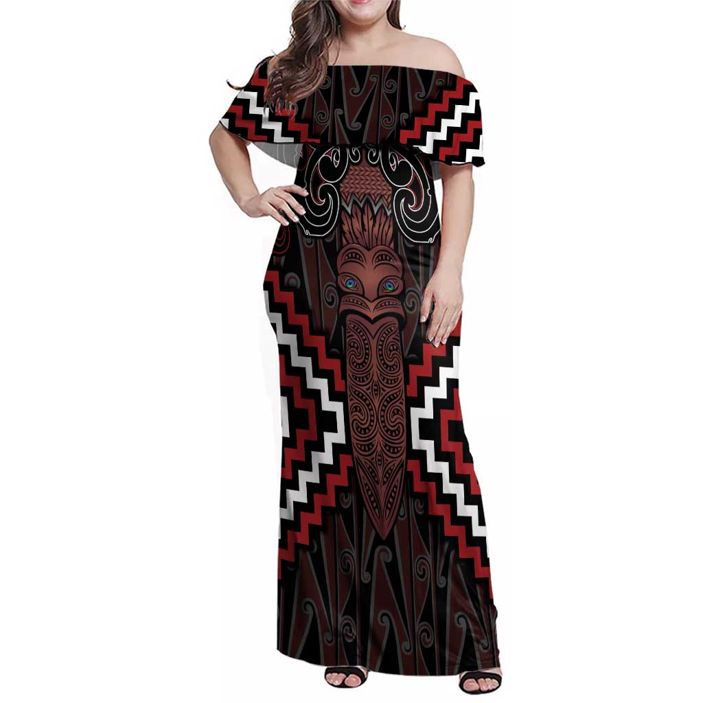 Maori Taiaha Whakairo Personalized Family Matching Off Shoulder Maxi Dress and Hawaiian Shirt Red Poutama Motifs LT7 Mom's Dress Red - Polynesian Pride